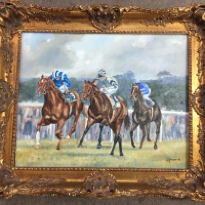 Three framed Horse Racing prints including signed limited edition 290/500 J Adamson, together with a framed oil on canvas depicting Jockeys and their Horses in a race, signed J Adamson 89