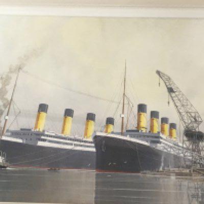 A framed acrylic painting retrospective study of the Titanic and Olympic moored with tug boats Indistinctly signed in pencil.