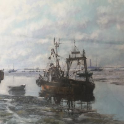 A framed Pastel study of a moored fishing trawler at Leigh on a low tide.signed by Leigh Taylor The pastel entitled Working Trawler Leigh 1998 winner of the Lynn Tait award the reverse with applied labels, 68x54cm