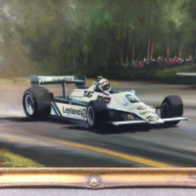 A framed Dion Pears oil painting Leylad racing car. 90 cm x 60 cm .