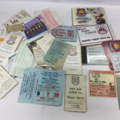 Two boxes of West Ham Utd football programs and tickets. Shipping category D.