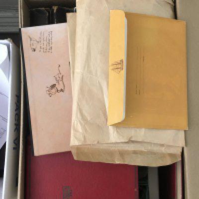 A box of world + GB stamps, First day covers and presentation packs.