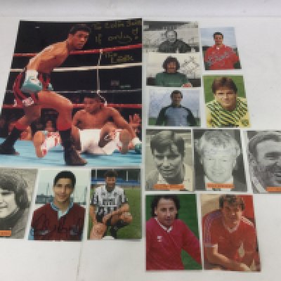 A collection of sports press photographs and signed ephemera by various names including