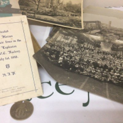 British I War History. An intresting collection of Photographs and associated ephemera relating to the Ammunition Factory V.C number 6 filling factory at Chilwell in Nottinghamshire. On July 1 1918 the factory experienced a massive explosion killing 134 people and many hundreds were injured. This lot including a memorial card photos of the work force the interior and the aftermath of the explosion. Also included is a workers ID token 819 sold with other military books including German.