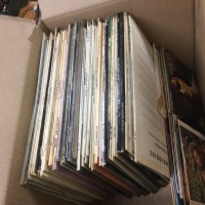 A vox of LPs and 7" singles by various artists including Elvis Presley, Ricky Nelson and others.