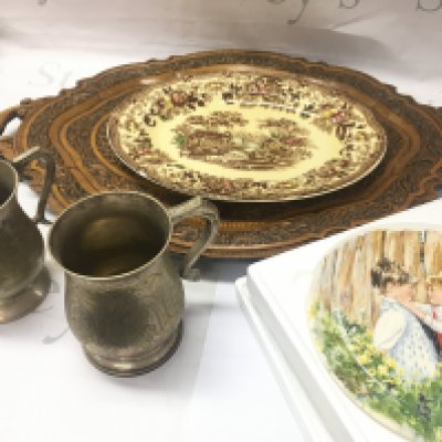 A wooden carved design tray, Wedgwood Be my Friend plate, Alfred Meakin dish , Pewter and silver plate tankard . No reserve . This lot cannot be posted