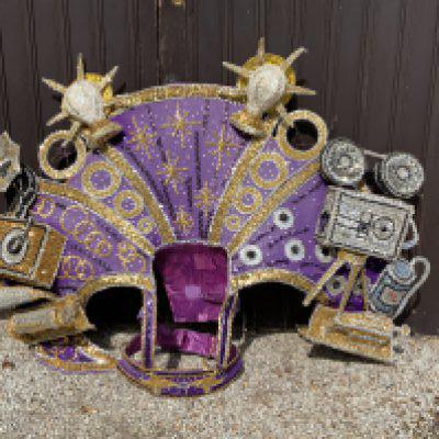 An elaborate Mardi Gras costume the theme of Film and Theatre, worn and made for the New Orleans Mardi Gras Circa 2010, Purchased at Vicky Vines Auction, Houston Texas. Wire framed and sequin covered. (A)