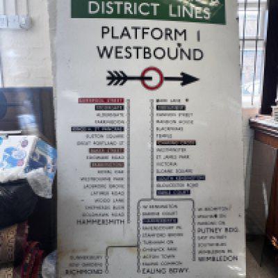 A large metropolitan and district lines platform sign. Approximately 120cm wide by 190cm high.