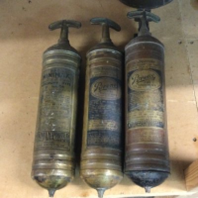 Three old car brass car fire extinguishers , postage category B