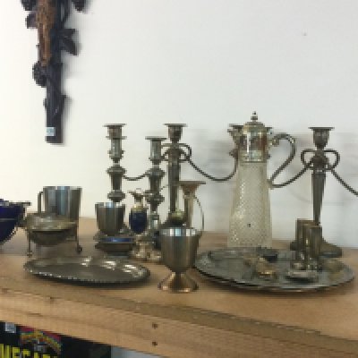 A plated claret jug, plated candelabra and other modern silver plate. This lot cannot be posted
