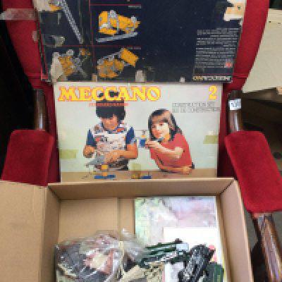 A box of trains and Meccano, with some track and station buildings