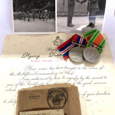 Awarded to Flying officer L Miles (From the Estate of the late Alderman L Miles ref lot 702), 2 general service medals, photographs and good service notice. (A)