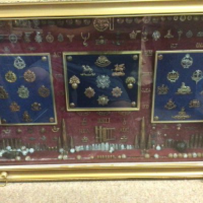 A case containing military badges, buttons , shells including a rare Canadian tank regiment badge. This lot cannot be posted