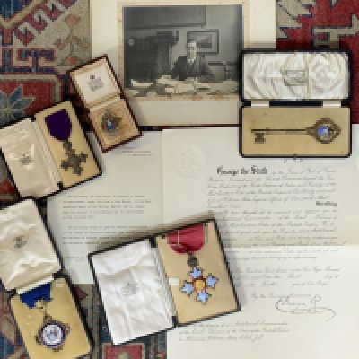 Local Southend on Sea interest, Alderman William Miles, OBE, CBE, JP, Mayor of Southend-on-Sea (1922-1924, 1936-1937 & 1939-1945) A interesting collection of Historic memorabilia from probably one of the longest serving Mayor's of Southend on Sea. Items included within this lot: Winston Churchill framed autographed letter from Whitehall place, 28th December 1918 addressed to Mr W Miles Esq, I have had much pleasure in recommending to the"Prime Minister (David Lloyd George) that you should be appointed an Officer of the Most Excellent Order of the British Empire, and I am glad to learn that the King has approved the recommendation.Pray accept my hearty congratulations on this recognition of the valuable services rendered by you to the state".Together with Cased O.B.E (Order of the British Empire) and titled Decree from George VI, C.B.E (Commander of the Most Excellent Order of the British Empire) plus accompanying letter from St James palace, Goldsmiths & Silversmiths Silver gilt and Enamelled brooch awarded by Southend Council to Alderman Miles for Long service.Garrard & Co Silver Gilt Enamelled brooch for the Mayoress of Southend on Sea, Mrs L Miles, Silver gilt and enamel presentation key, awarded to Alderman Miles for the opening of the New Court house, Southend.5 Press photos of King George V and Aldermann Miles during the Kings Visit to Southend Pier 1921 and 2 photos of His Majesty's 177ft sailing yacht, HMY Britannia.Documents included. Signed letter from Aneurin Bevan, Minister of health, dated January 1946. Congratulations for receiving the C.B.E and further letters of correspondence from local business heads including Eric Kirkham Cole (EKCO Radio).A hand written and drawn velum scroll presented to Alderman W. Miles with the proclamation of Honorary Freeman to the County of Southend Council on Sea.This lot is part of a deceased estate of which no family members remain.