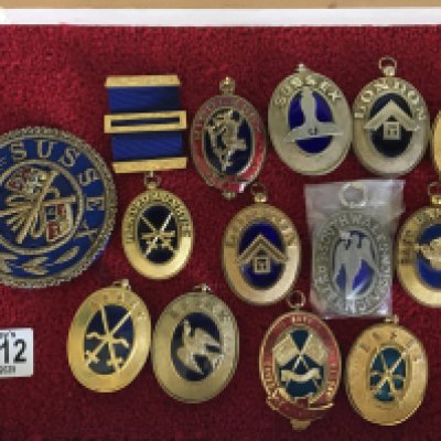 A collection of Masonic Regalia gilt metal Past Masters London and Counties oval collar Jewels and an embroidered Sussex badge- NO RESERVE