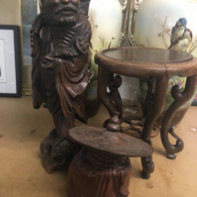 A Chinese root carving in the form of a elder a small stand and a jar and cover . NO RESERVE