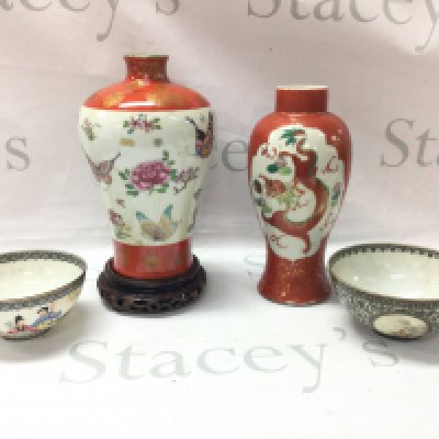 A Famille Rose Chinese Meiping shaped vase decorated with butterflies and floral design, dragon and phoenix vase (21.5cm tall approximately) Chinese republic eggshell porcelain bowls decorated with figure scenes (hairline cracks seen in both) . This lot cannot be posted