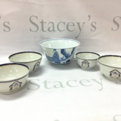 Chinese export armorial porcelain bowls (hairline cracks seen) and a blue and white figure scene bowl. This lot cannot be posted