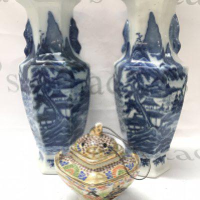 A pair of 20th century Japanese blue and white vases (29cm tall) and an incense burner, this lot cannot be posted