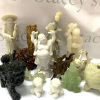 A collection of Oriental figures of Porcelain, Jadeite, Soapstone, Goldstone etc&hellip;