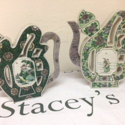 Two unusual shaped late Republic Chinese tea pots and a jardiniere (some damage)