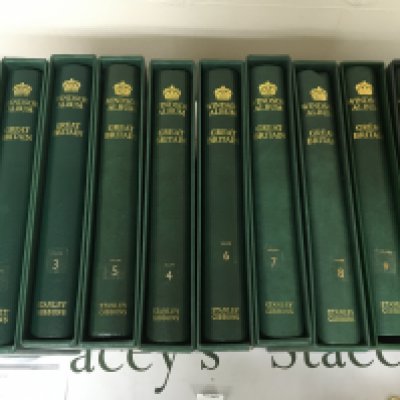 A Set of ten well presented Windsor Great Britain stamp albums Stanley Gibbons Missing Queen Victoria to George V the ten albums containing predominantly George VI and Elizabeth II this section of the ten albums virtually complete and unused. (10)