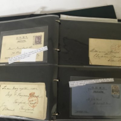 Two albums containing interesting Victorian and later postal covers including 1902 Birmingham to Los Angeles an 1897 Victorian cover stamps and other related ephemera.