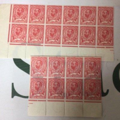 Two unused blocks of 1911 one Penny Stamps Bright Scarlet. A block of twelve with margin and a block of eight.