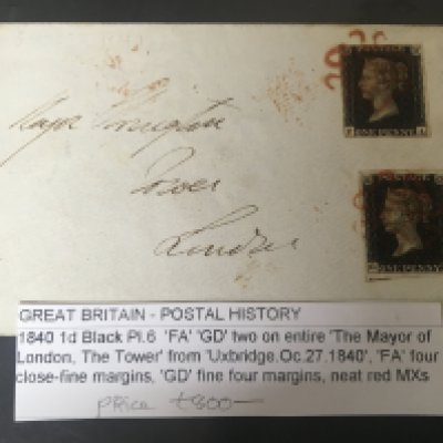 A Nice example of a double stamped Victorian letter with two Victorian 1840 penny blacks F-A and G-D the reverse of the envelope with Uxbridge stamp Oc 27 1840 with opened wax seal with typed details