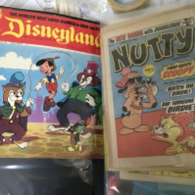 A box containing well presented albums containing Vintage comics a mixed collection including some early 20th century comics mainly pre decimal and early decimal British comics. Some first issue generally good condition some with pencil scribed. Several early number Disneyland Magazines numbered 80s 90s and many more mixed comics.