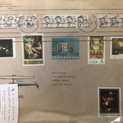 Three interesting postal Envelopes addressed to David Hockney one with an airship from the US with the address 10 Pembroke Studios Pembroke Gardens running horizontally through coloured lines. Another dated 1980 the envelope with additional pen sketch possible by David Hockney. Also a larger envelope addressed to David Hockney again to the Pembroke studio from Gemi GEL Los Angeles.